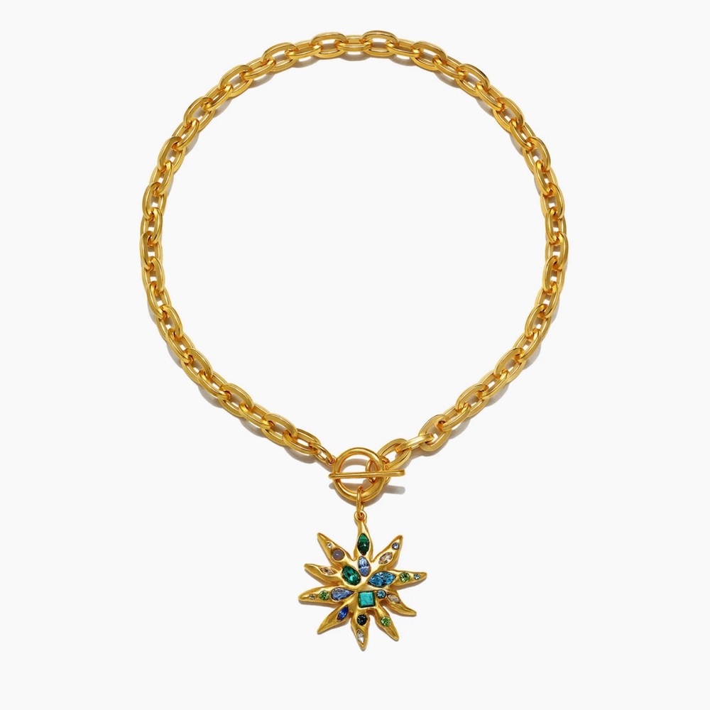 Radiant Gold Starburst Necklace with Blue Accents